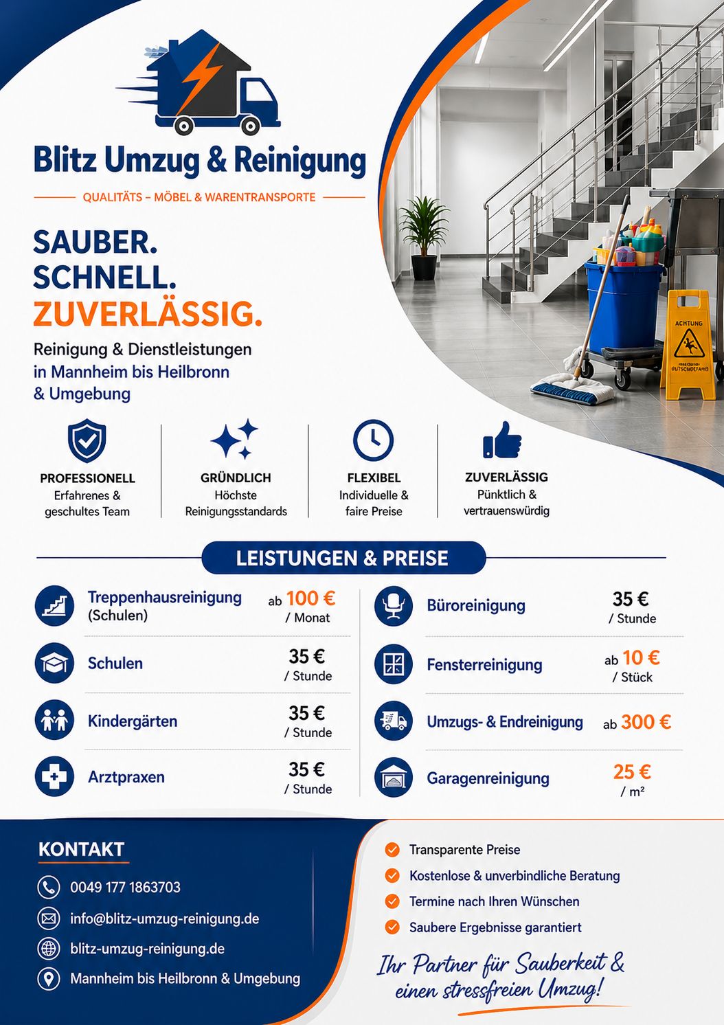 Übersicht Leistungen und Preise von Blitz Umzüge & Reinigung — Treppenhaus-, Büro- und Endreinigung